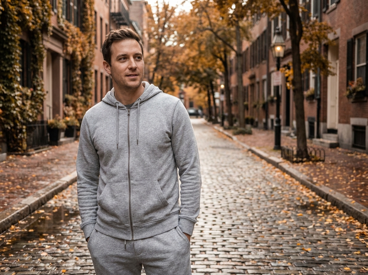 Homme en jogging et hoodie en coton bio gris dans une rue urbaine pavée aux tons automnaux