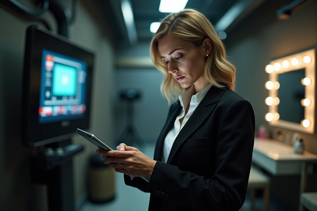 Journaliste femme en coulisses d'un plateau télévision consultant ses notes, image symbolisant le regard critique et les injonctions faites aux femmes dans les médias audiovisuels