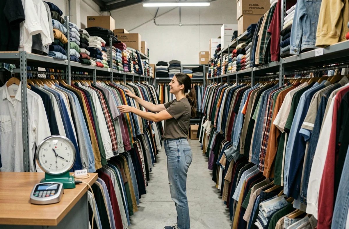 Intérieur du Kilo Shop Claira avec des rangées denses de vêtements de seconde main vendus au poids et une balance visible