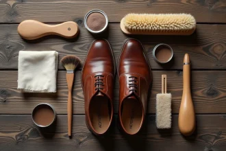 Kit d'entretien complet pour chaussures avec brosses, cirage et chiffon disposés sur bois rustique