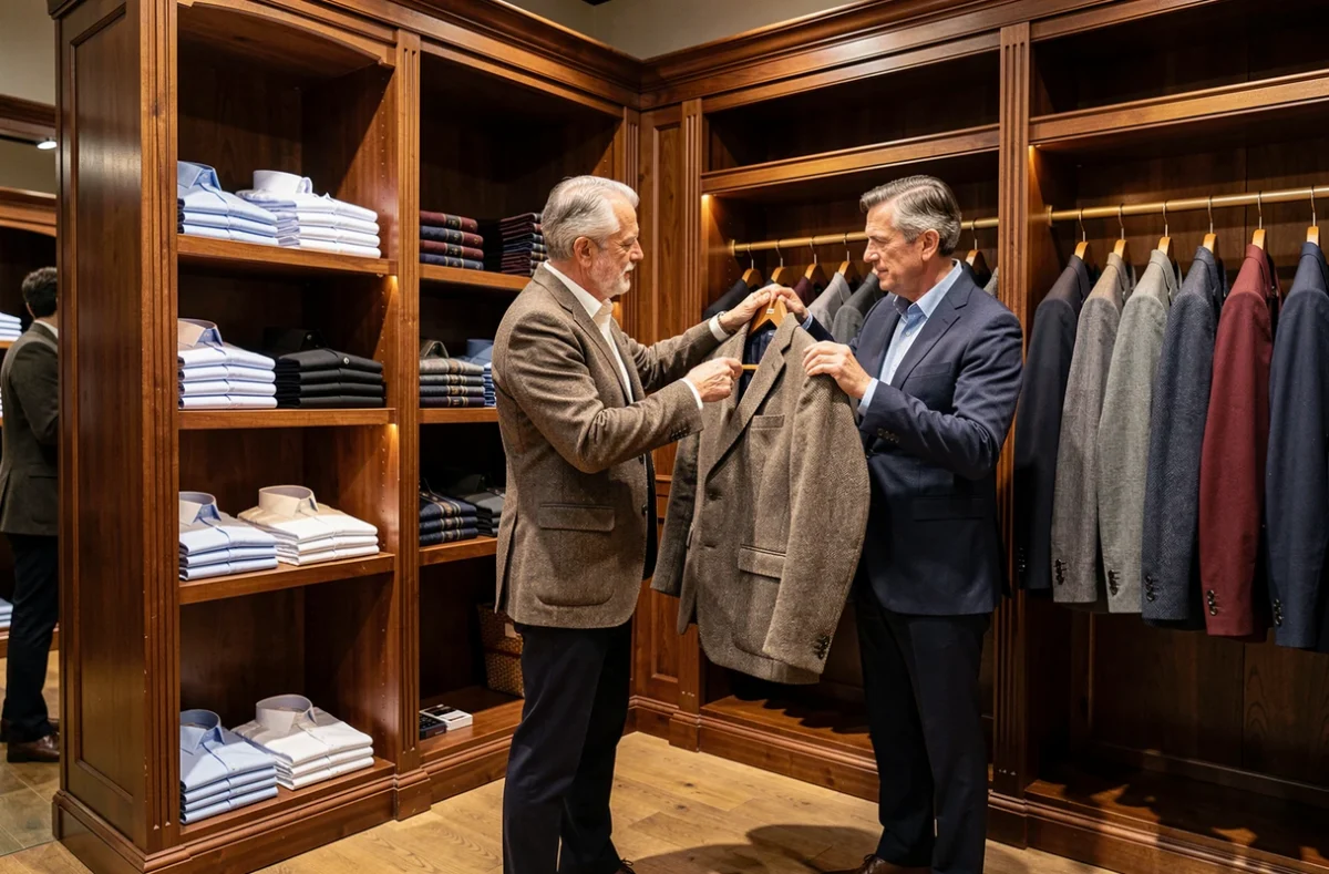 Intérieur chaleureux de La Maison de l'Homme avec une sélection de costumes classiques et un client