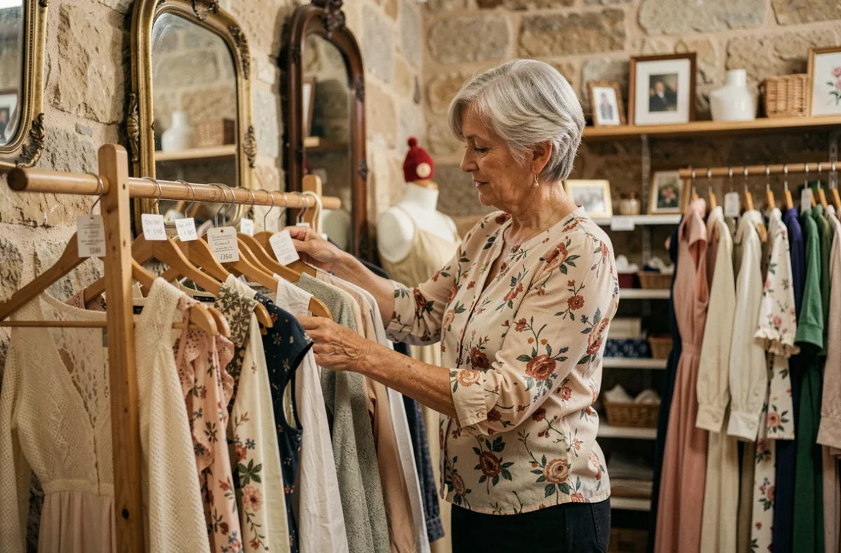Boutique de friperie Lecat Catherine à Perpignan avec une vendeuse arrangeant des robes vintage sur un portant en bois