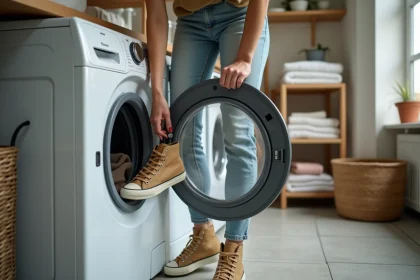 Jeune femme d&eacute;posant des baskets sales dans une machine &agrave; laver