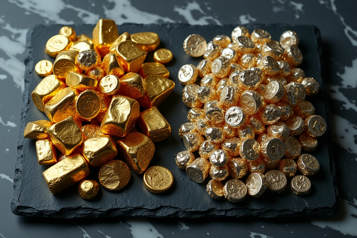 Présentation éditoriale de lingots et bijoux en or jaune et or blanc séparés sur une surface en ardoise pour en montrer les différences