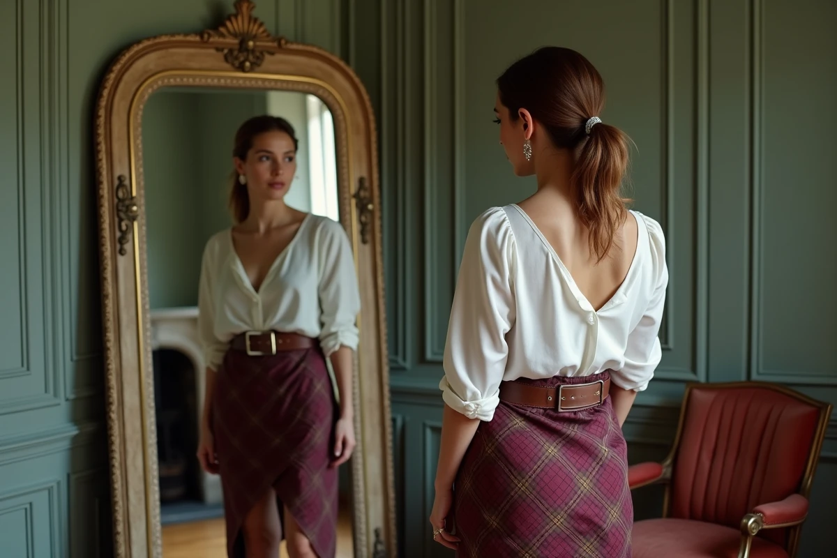 Femme essayant une tenue inspirée de Vivienne Westwood dans un appartement parisien avec jupe asymétrique et ceinture corset
