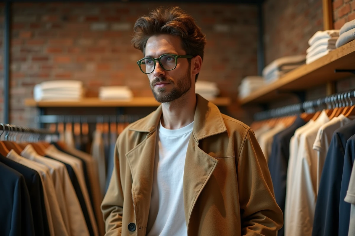 Homme en veste chore coat camel portant des lunettes oversize carrées en acétate vert olive, dans un concept store tendance avec murs en briques et étagères en bois