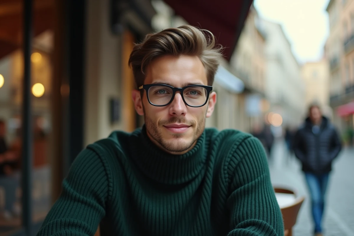Homme tendance portant des lunettes rondes à monture métallique noire mate, en pull col roulé vert foncé, assis en terrasse de café avec décor urbain pavé