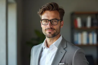 Homme élégant portant des lunettes tendance en acétate rectangulaire motif écaille de tortue, vêtu d'un blazer gris en laine, dans un bureau moderne minimaliste