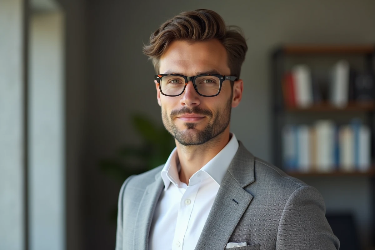 Homme élégant portant des lunettes tendance en acétate rectangulaire motif écaille de tortue, vêtu d'un blazer gris en laine, dans un bureau moderne minimaliste