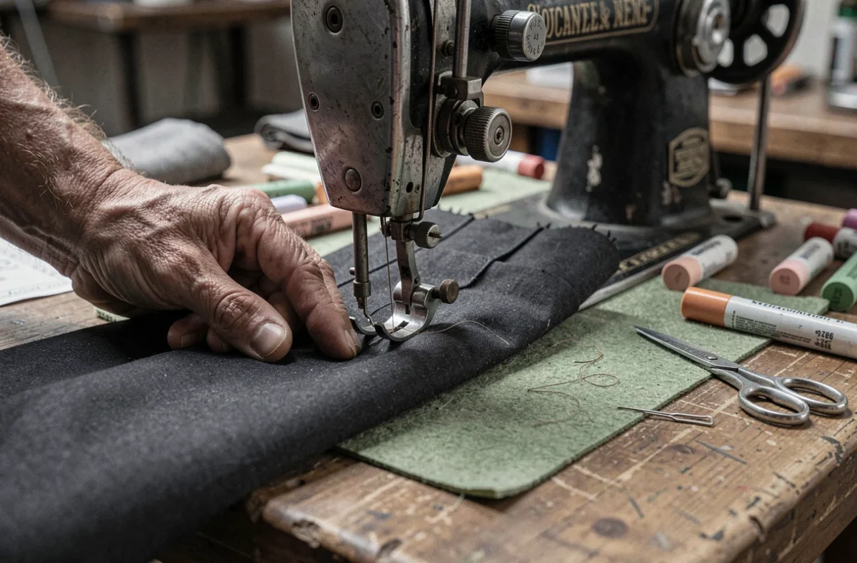 Gros plan sur les mains d'une retoucheuse guidant un pantalon sous la machine à coudre dans un atelier parisien