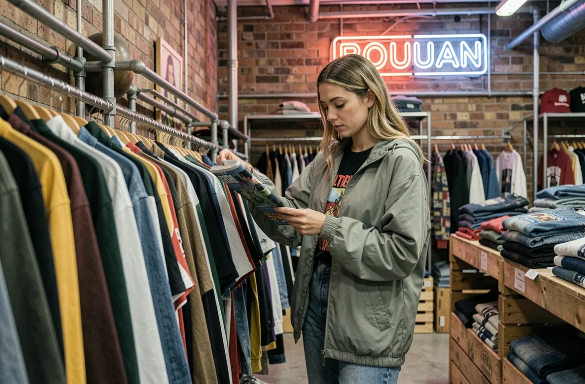 Jeune femme parcourant les portants de vêtements streetwear vintage dans la friperie Mad Vintage à Rouen
