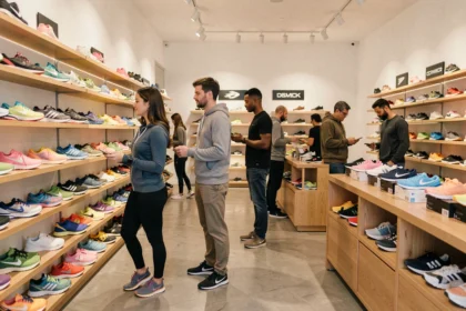 Des clients explorent un grand magasin de baskets en Nouvelle-Aquitaine, avec des rayons colorés et une ambiance moderne.
