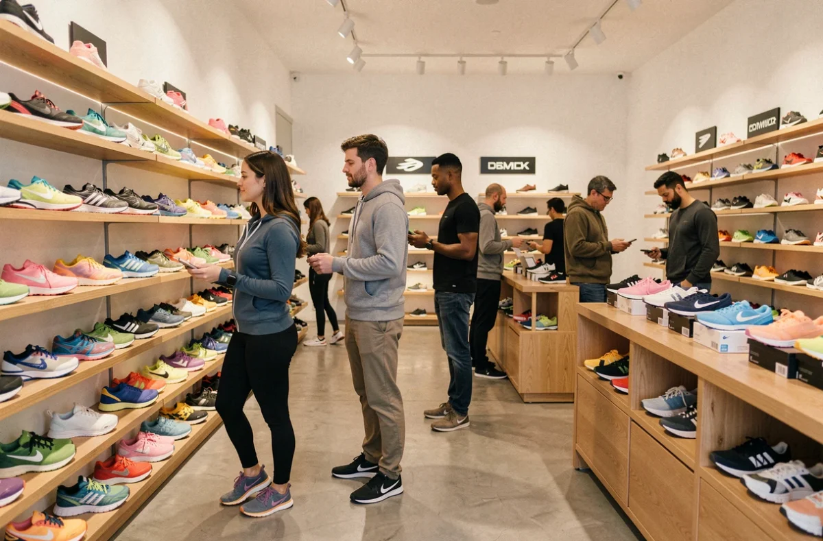 Des clients explorent un grand magasin de baskets en Nouvelle-Aquitaine, avec des rayons colorés et une ambiance moderne.