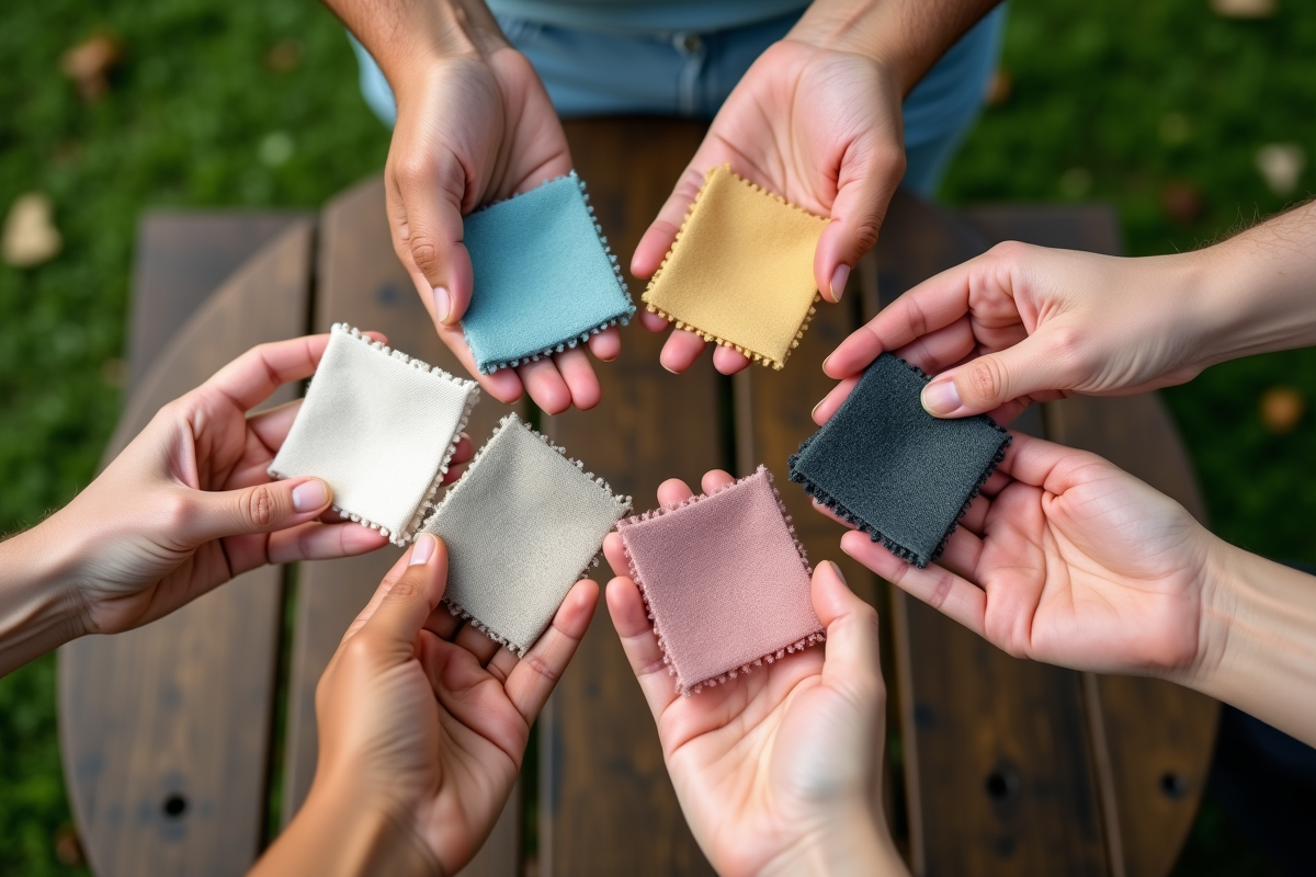 Mains de differents personnes tiennent echantillons de tissus en plein air