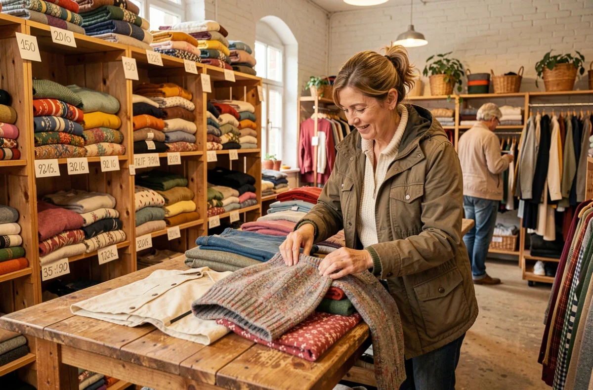 Bénévole triant des vêtements vintage dans la friperie solidaire Mary Frip à Caen