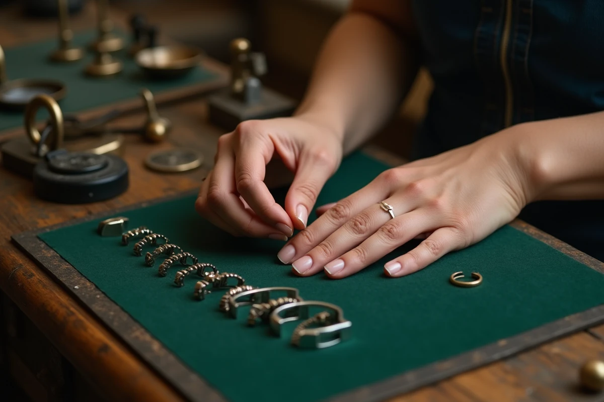 Bijoutier mesurant la taille de bague d'une cliente avec des baguiers métalliques sur un plan de travail en bois recouvert de feutrine verte