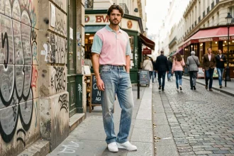 Homme en tenue inspirée des années 80 avec jean acid-wash et polo pastel dans une rue parisienne
