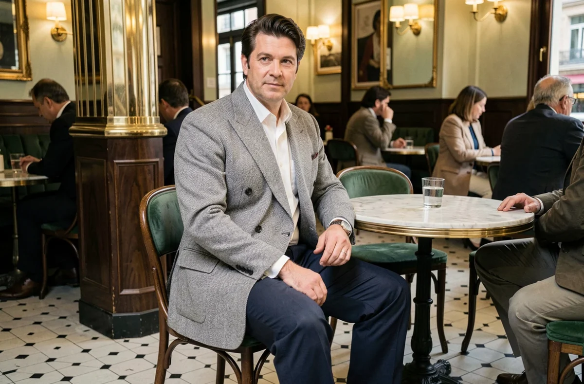 Homme en blazer à épaulettes et pantalon plissé style années 80 dans une brasserie parisienne