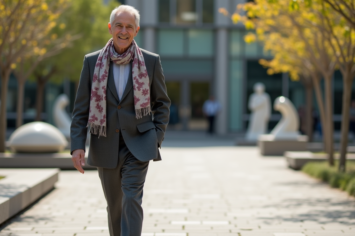 Homme mature en costume charbonne marche dans une place urbaine