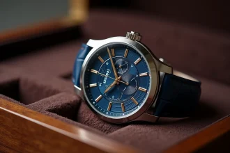Gros plan d'une montre de luxe mécanique sur surface en noyer avec cadran guilloché bleu nuit et détails en or