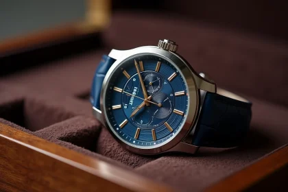 Gros plan d'une montre de luxe mécanique sur surface en noyer avec cadran guilloché bleu nuit et détails en or
