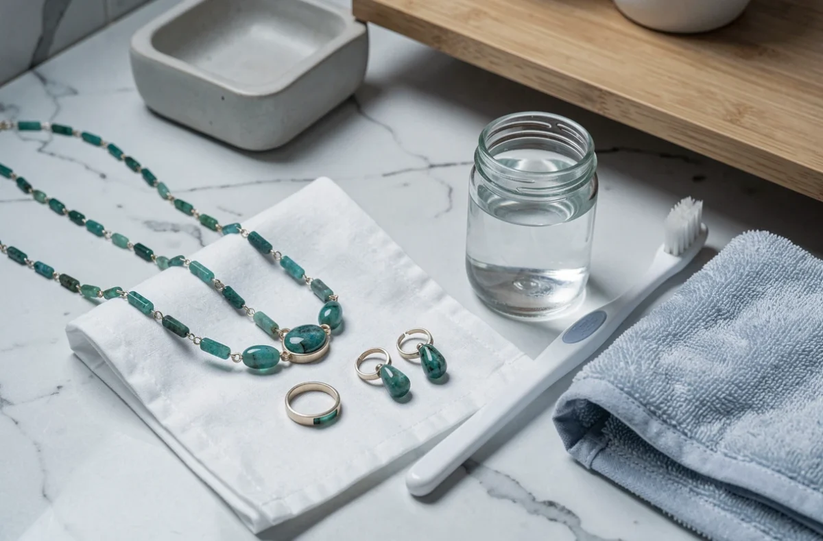 Bijoux en amazonite disposés à plat sur un tissu blanc avec une brosse douce et de l'eau pour un nettoyage délicat