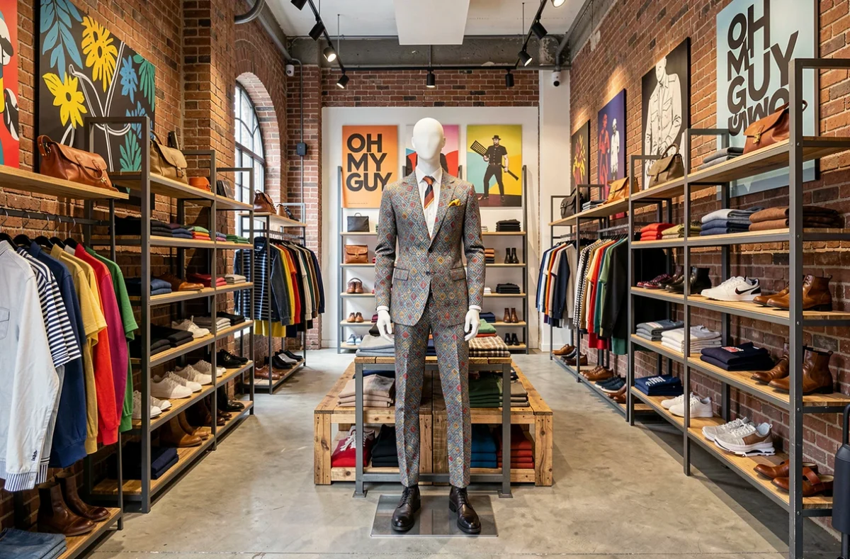 Vitrine intérieure de la boutique Oh My Guy avec un costume coloré et des accessoires tendance