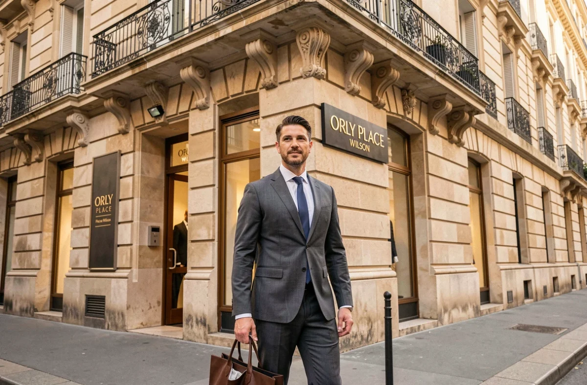 Un homme élégant devant la boutique Orly Place Wilson sur la Place Wilson à Toulouse