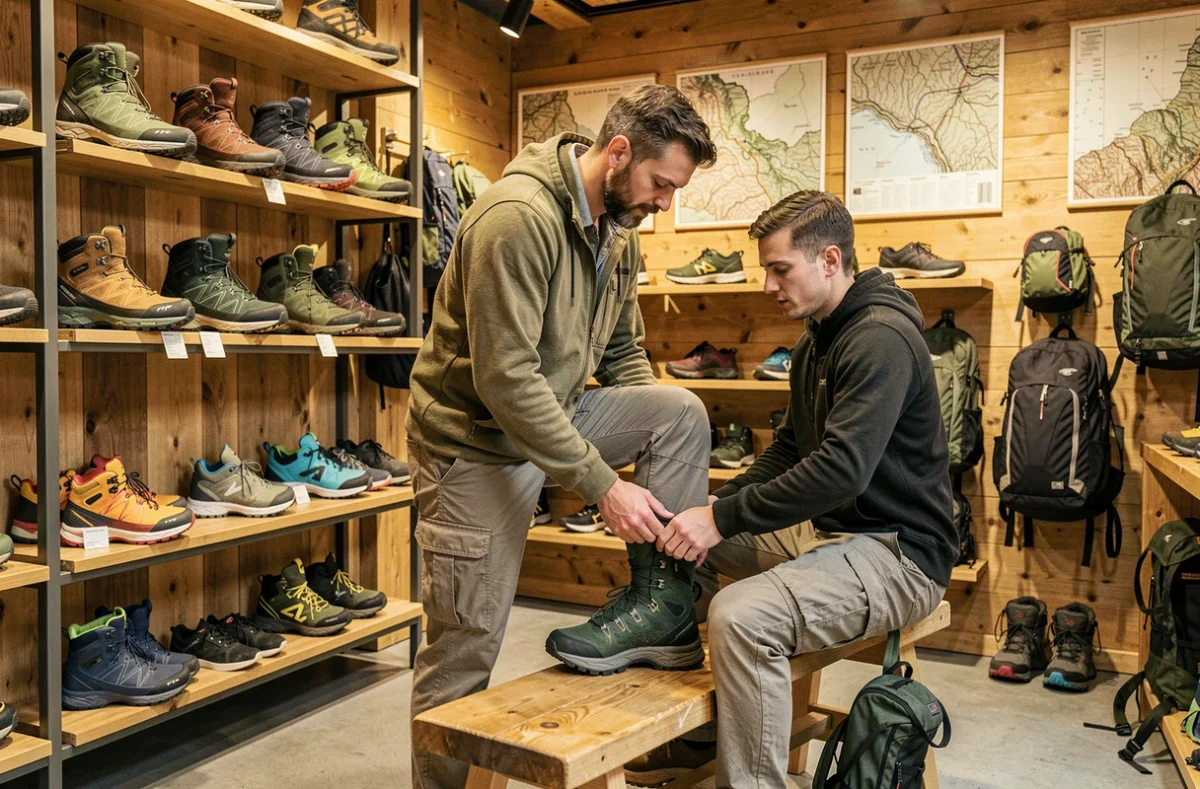 La boutique Ötzi à Poitiers spécialisée dans les chaussures de randonnée et trail avec son ambiance montagne.