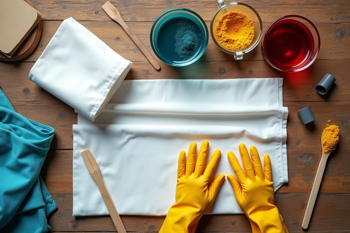 Vue de dessus des outils et matériaux pour teindre le polyester en machine et à la main sur une table en bois