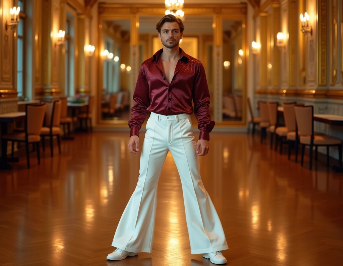 Homme en pantalon patte d'éléphant blanc et chemise satin bordeaux dans un bal disco au parquet brillant