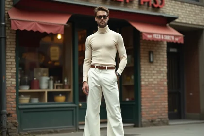 Homme portant un pantalon patte d'éléphant blanc avec col roulé crème dans un décor urbain rétro années 70