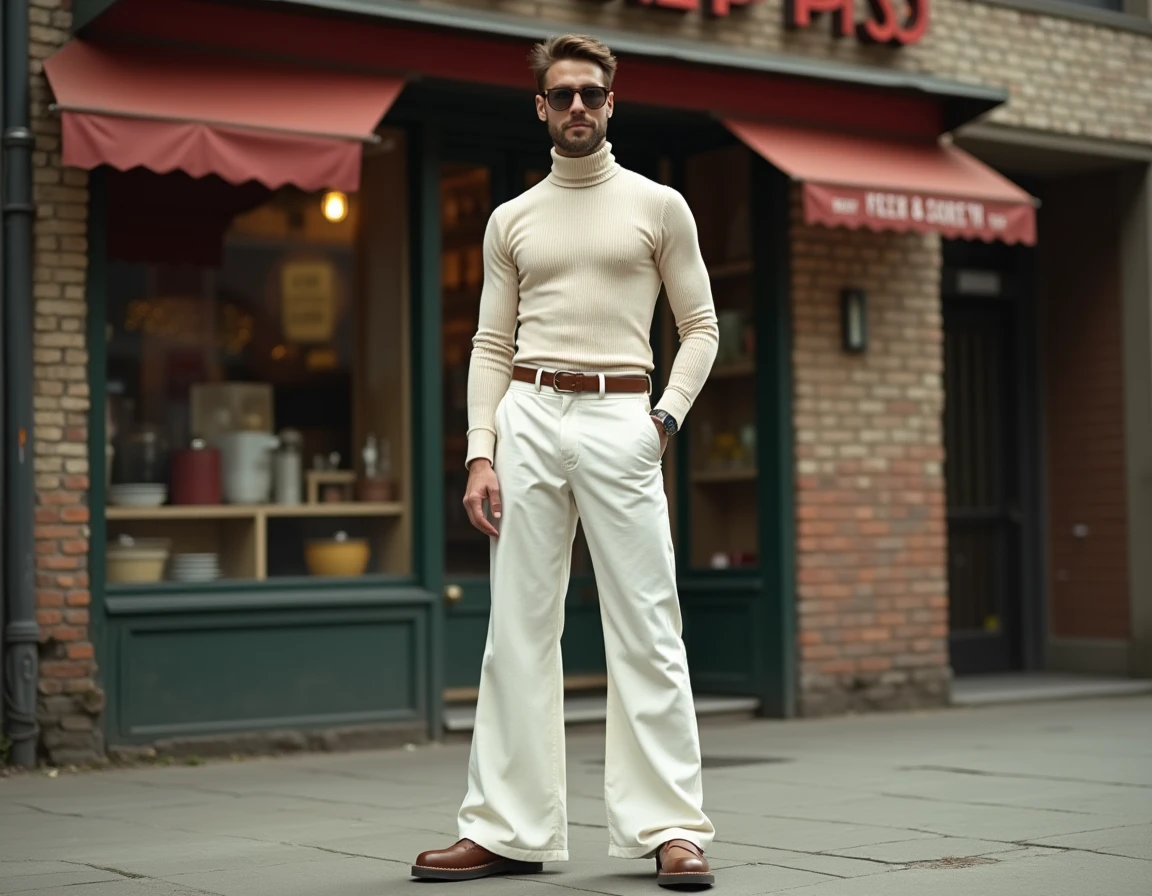 Homme portant un pantalon patte d'éléphant blanc avec col roulé crème dans un décor urbain rétro années 70