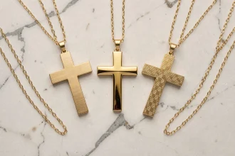 Trois pendentifs croix en or aux finitions différentes — mat, poli et gravé — sur marbre blanc, bijoux tendance 2026