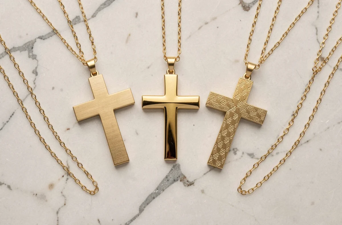 Trois pendentifs croix en or aux finitions différentes — mat, poli et gravé — sur marbre blanc, bijoux tendance 2026