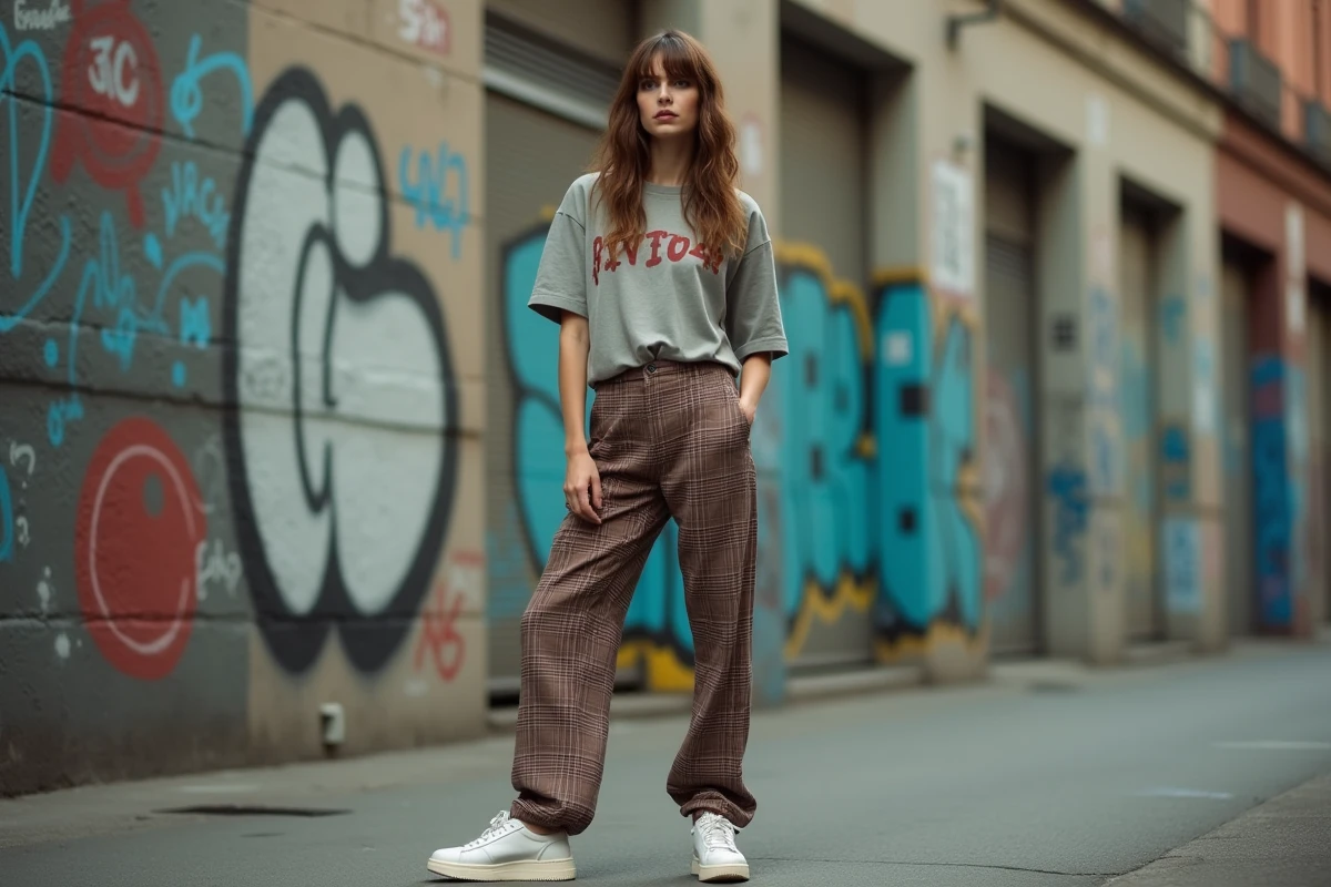Femme portant une perruque coupe mulet brune aux reflets naturels, stylée en tenue vintage urbaine avec jean taille haute et baskets blanches dans une rue grafée