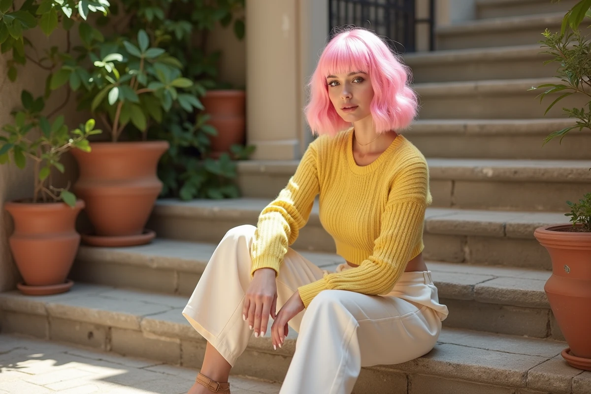 Femme assise sur des marches en pierre portant une perruque mulet rose pastel avec frange rideau et un pull court jaune pâle dans une cour intérieure européenne