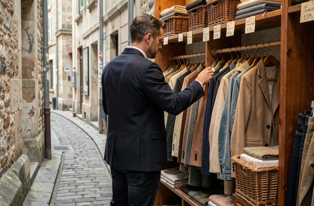 Homme parcourant une petite boutique de mode parisienne avec murs en pierre et vêtements vintage soigneusement sélectionnés
