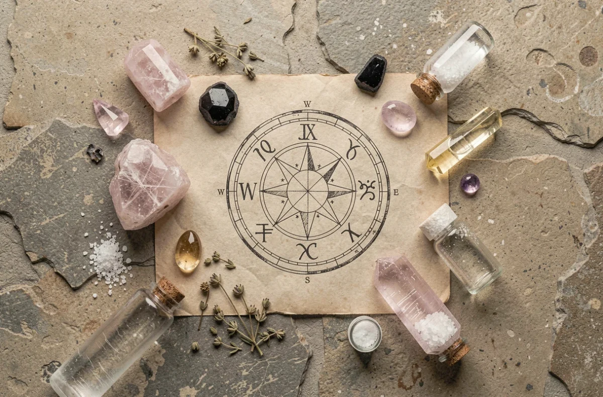 Disposition de pierres précieuses sur un thème astrologique avec roue zodiacale et herbes séchées pour la recharge énergétique