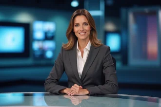 Présentatrice de journal télévisé derrière son bureau en studio, regard assuré face caméra, illustration du regard porté sur les femmes journalistes à l'antenne