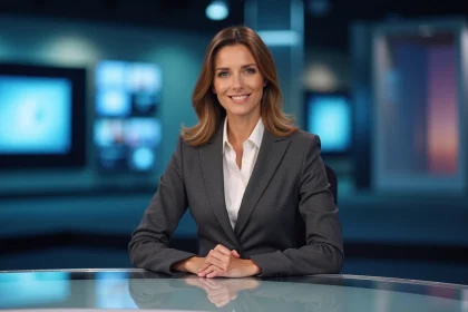 Présentatrice de journal télévisé derrière son bureau en studio, regard assuré face caméra, illustration du regard porté sur les femmes journalistes à l'antenne