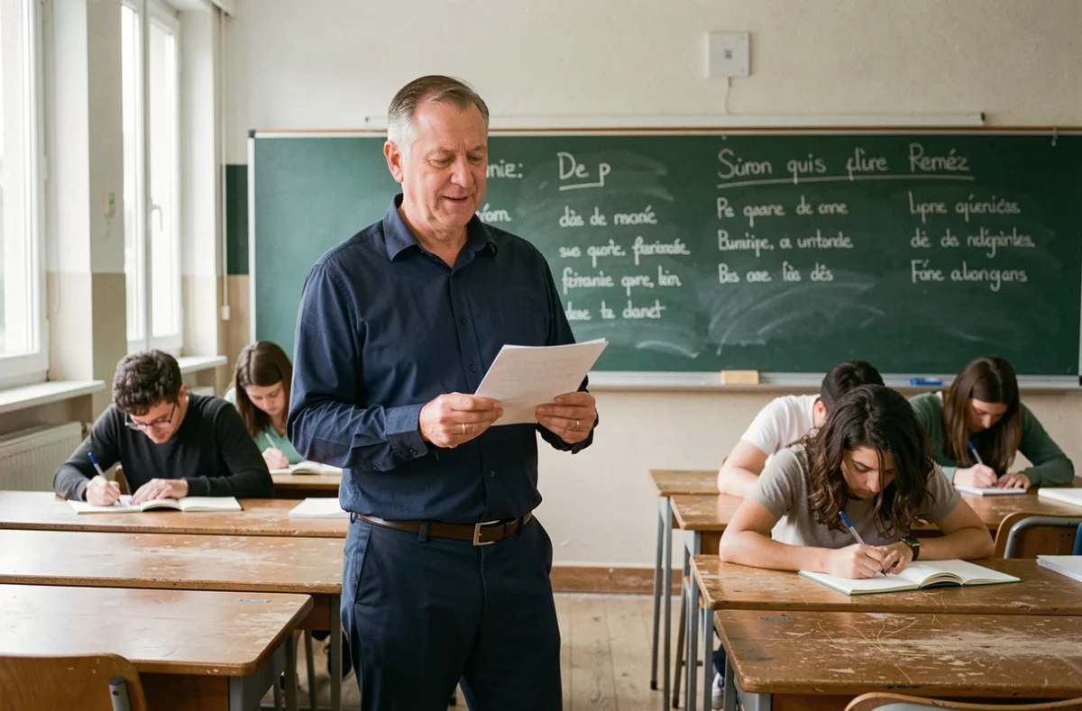 Professeur de français lisant une dictée à voix haute devant une classe d'élèves concentrés dans une salle de cours traditionnelle