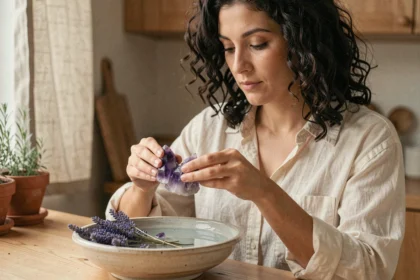 Femme tenant des cristaux d'améthyste au-dessus d'un bol d'eau pour purifier ses pierres selon son signe astrologique