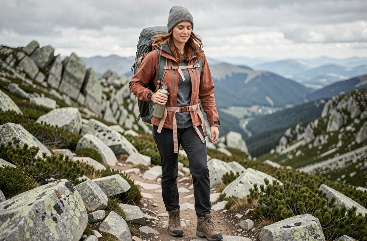 Randonneuse en montagne sortant une gourde de son sac à dos sur un sentier rocheux en altitude