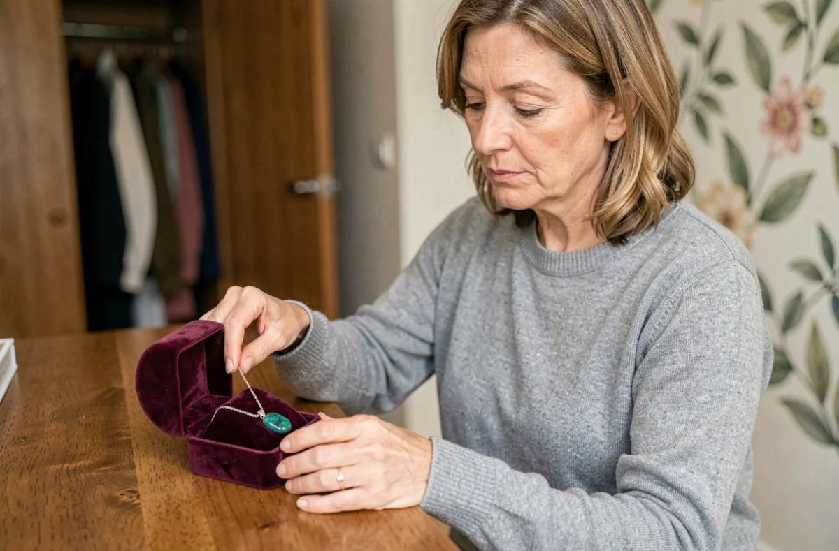 Femme rangeant un collier en amazonite dans une boîte à bijoux en velours pour le conserver en bon état