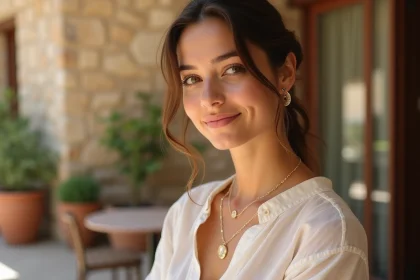 Femme bohème portant un ras du cou en chaîne dorée avec un chemisier en lin ivoire sur une terrasse française ensoleillée