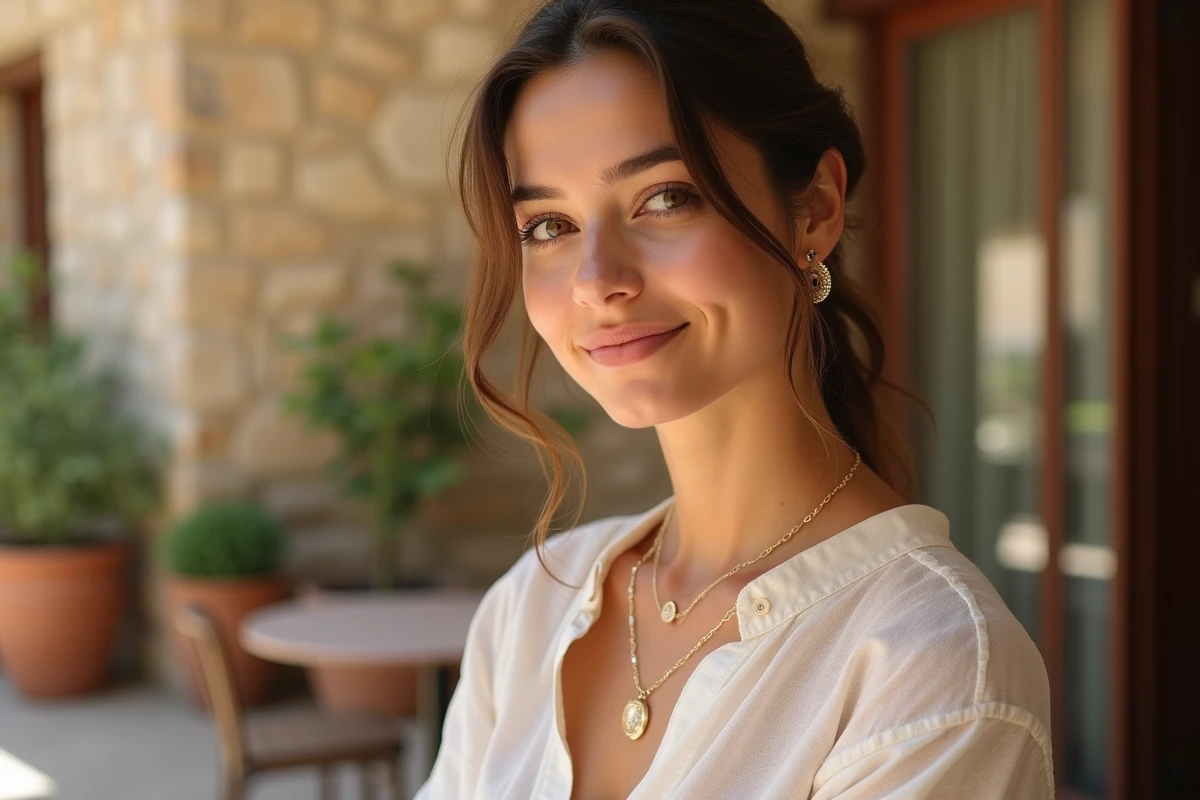 Femme bohème portant un ras du cou en chaîne dorée avec un chemisier en lin ivoire sur une terrasse française ensoleillée