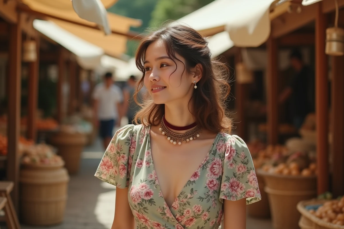 Jeune femme bohème avec un ras du cou en velours et perles portant une robe fleurie dans un marché vintage en plein air