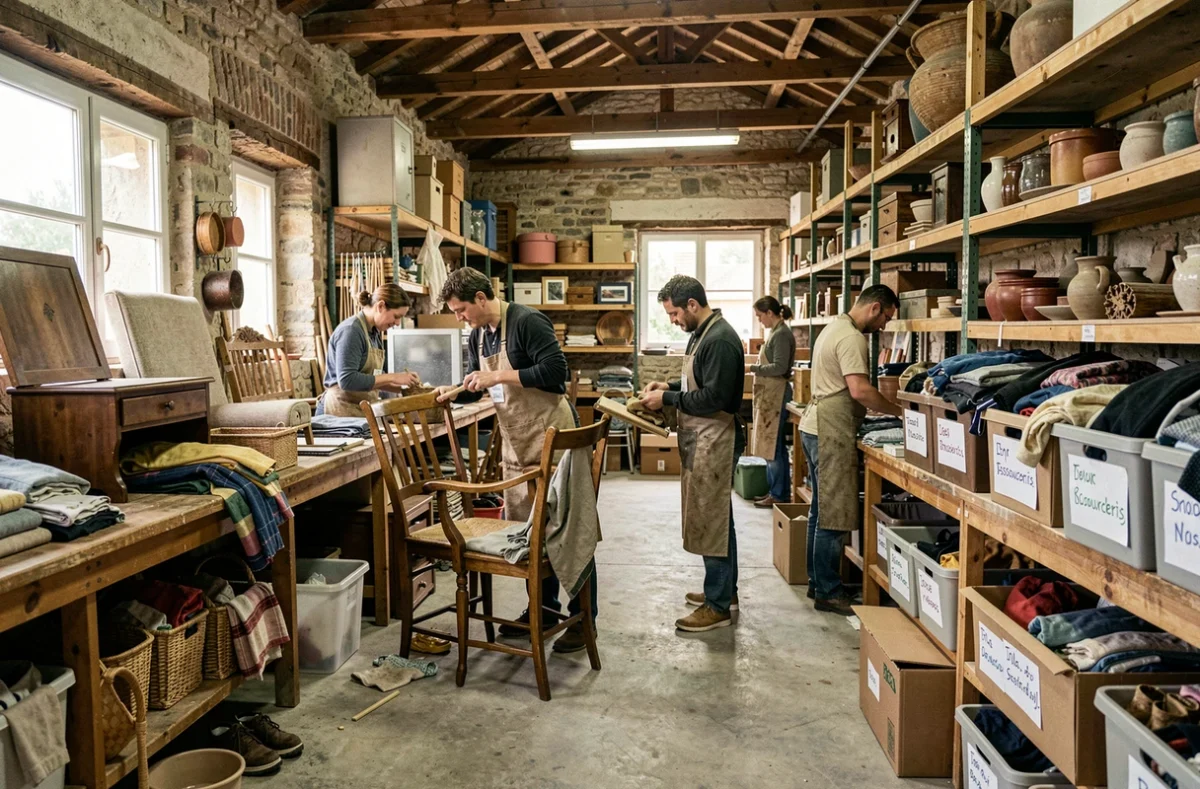 Ressourcerie des Pyrénées-Orientales avec des bénévoles réparant des objets récupérés dans un atelier de réemploi solidaire
