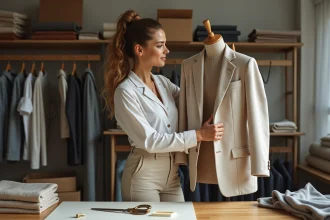 Femme tenant un blazer trop grand dans un atelier de couture pour une retouche professionnelle